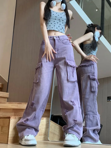 Women’s Purple Y2K Ripped Cargo Jeans Harajuku
