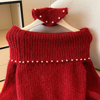 Women’s Vintage Red Off-Shoulder Christmas Sweater – Beaded Knitted Winter Pullover