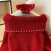 Women’s Vintage Red Off-Shoulder Christmas Sweater – Beaded Knitted Winter Pullover