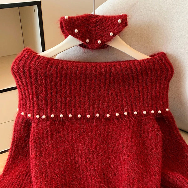 Women’s Vintage Red Off-Shoulder Christmas Sweater – Beaded Knitted Winter Pullover