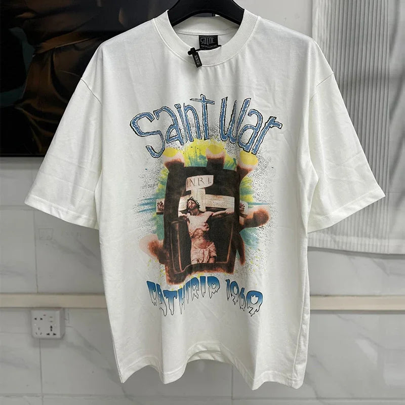 Vintage Washed Target Print T-Shirt Men Oversized Streetwear