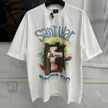 Vintage Washed Target Print T-Shirt Men Oversized Streetwear