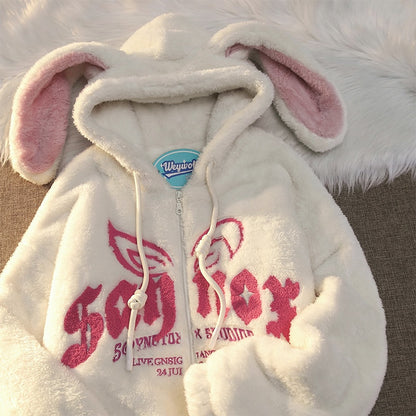 Hoodie Cotton Clothing Women Cute Ears Lamb Velvet Cotton Fashion Loose  Hoodie Warm Coat - xinnzy