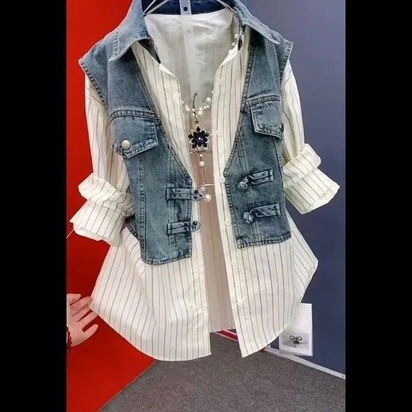 Striped Denim Jacket Women Korean Layered Look Shirt Spring Top