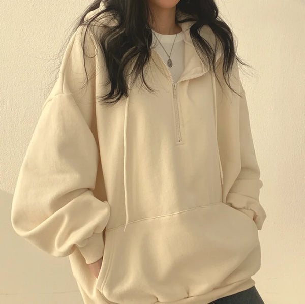 Oversized Half Zip Hoodie Women Solid Harajuku Pocket Sweatshirt