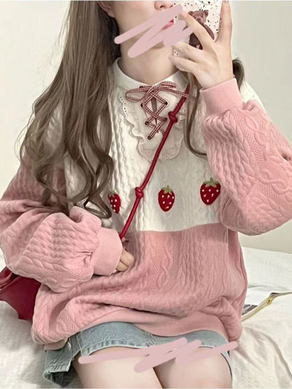 Sweatshirts Women Strawberry Embroidery Pink Pullover