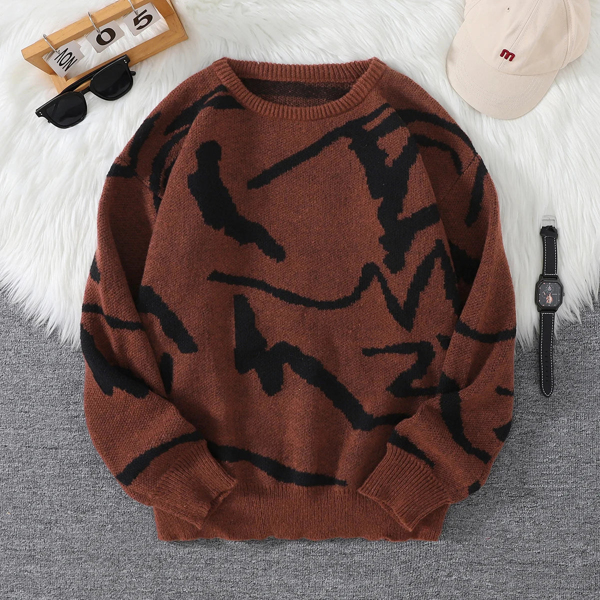 Men Graffiti Pattern Knitted Pullover Sweater