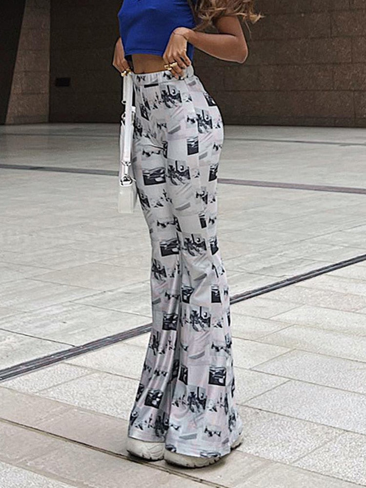 Pants Y2k Casual Prints Flare For Women Clothes Elastic Waist Fashion