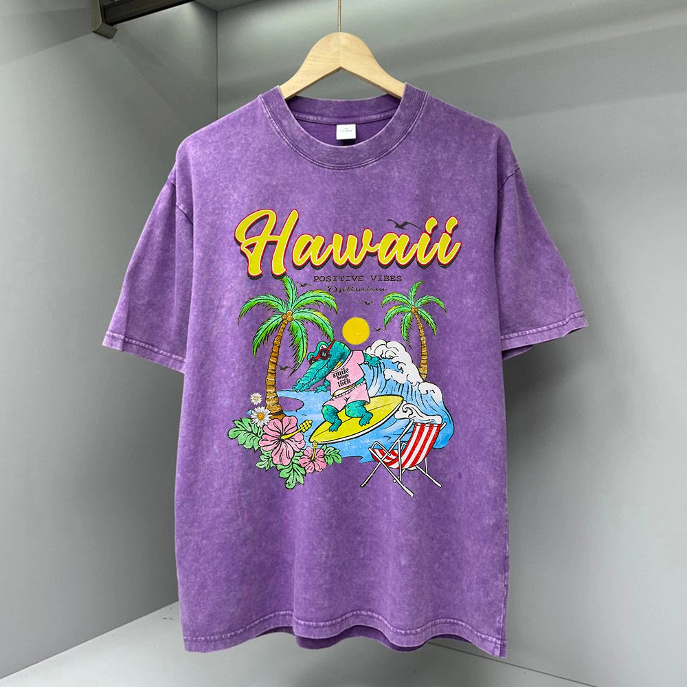 Hawaii Positive Vibes Print T-shirt Men Summer Water Wash Distressed Top