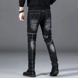 Patchwork Schwarze Stretch Hip Hop Motorrad Jeans