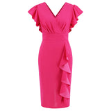 Women's V-neck Ruffled Edge Slim Fit Temperament Dress with Flying Sleeves Vestidos