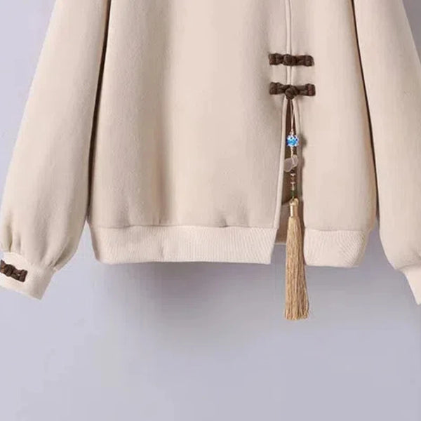 Chinese Style Embroidered Top Womens Tassel Bow Lantern Sleeve Blouse