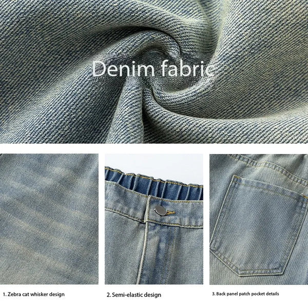 Mens Wide Leg Jeans Distressed Vintage Wash Baggy Denim Straight Fit