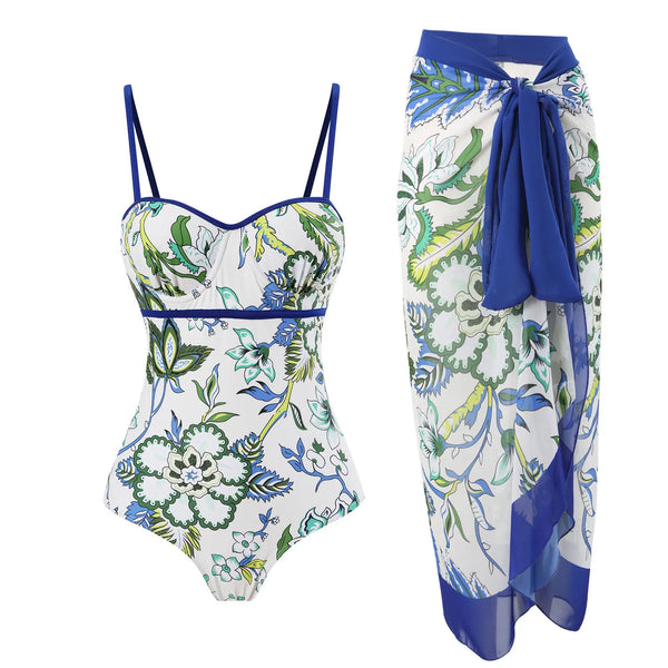 Blue Floral African Swimsuit with Skirt 2025