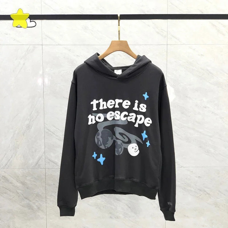 Men's Casual Foam Letters Graphic Hoodie High Quality Cotton Black Pullover