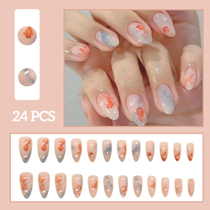24pcs White Flower Fake Nail Tips Ins Yellow Pink Blush False Nails