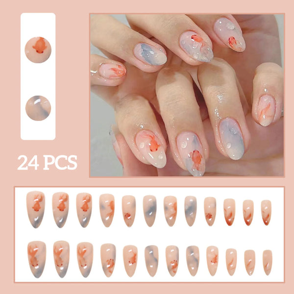 24pcs White Flower Fake Nail Tips Ins Yellow Pink Blush False Nails