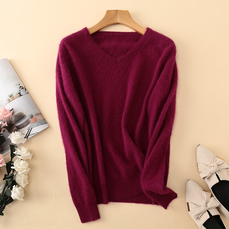 Sweater woman V-Neck Knitted Pullover Mink Cashmere Jumper Female  Soft Super Warm Sweater - xinnzy