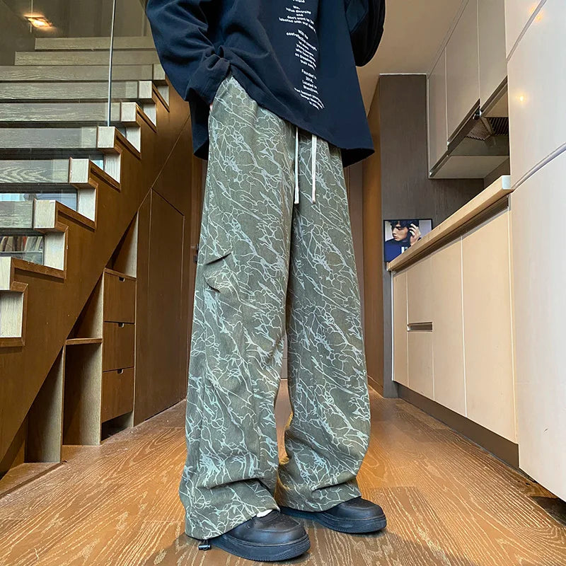 Stylish Full Print Men's Trousers Straight Loose Fit Corduroy Pants