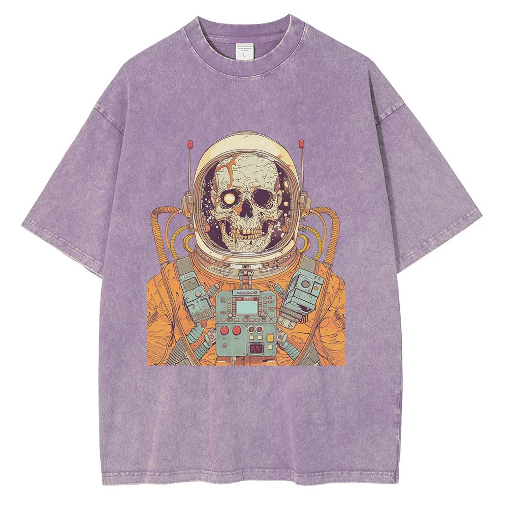 1970s Astronaut Skull Graphic T-shirt Retro Sci-Fi Print Casual Top