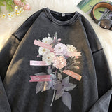 Distressed Flower Graphic Women's Sweatshirts American Couple Jumper