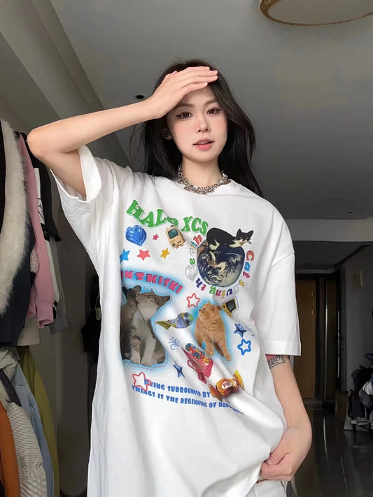 Planet Cat Harajuku T-Shirt Loose Gothic Y2K Tee for Women