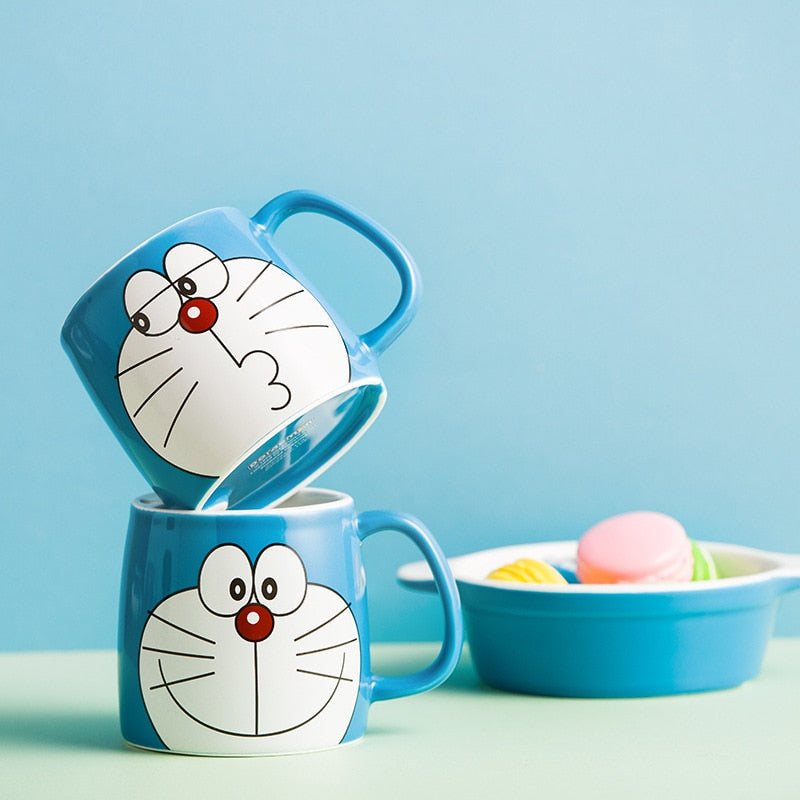 Doraemon-Tasse mit Deckel, Maschinenkatze, blau, niedliche Keramiktasse