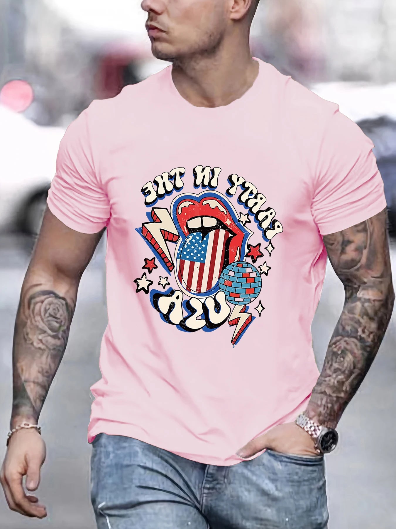 Ball Mouth Lightning Print Hip Hop T-Shirt Men Casual Cotton Summer Top