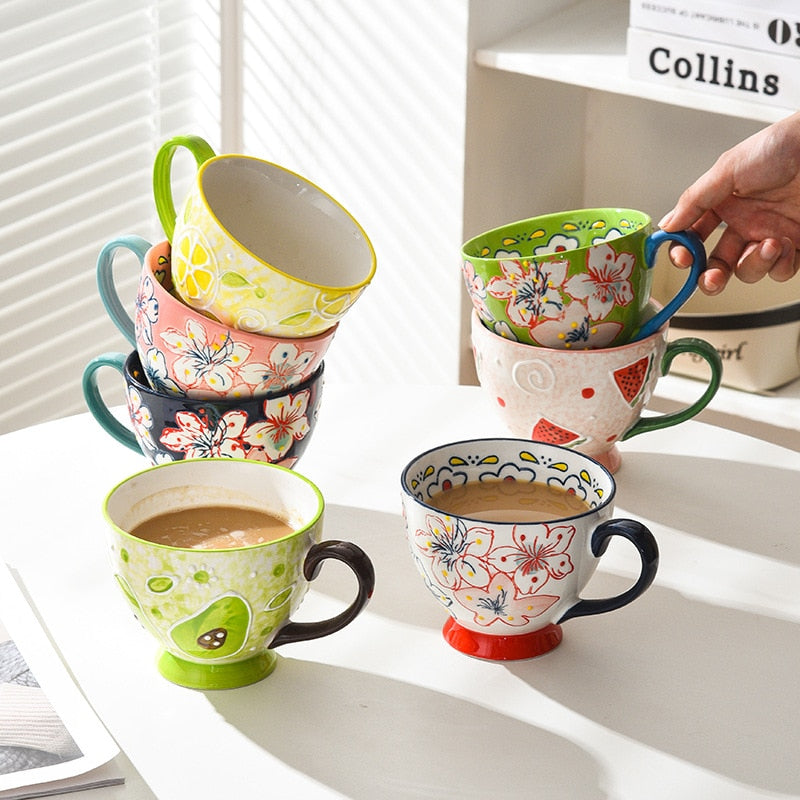 Cute Hand-painted Embossed Ceramic Breakfast-mug Creative Mug and Cute Oatmeal -cup