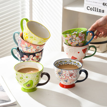 Cute Hand-painted Embossed Ceramic Breakfast-mug Creative Mug and Cute Oatmeal -cup