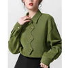Green Irregular Shirt Women Vintage Collar Long Sleeve Button Top