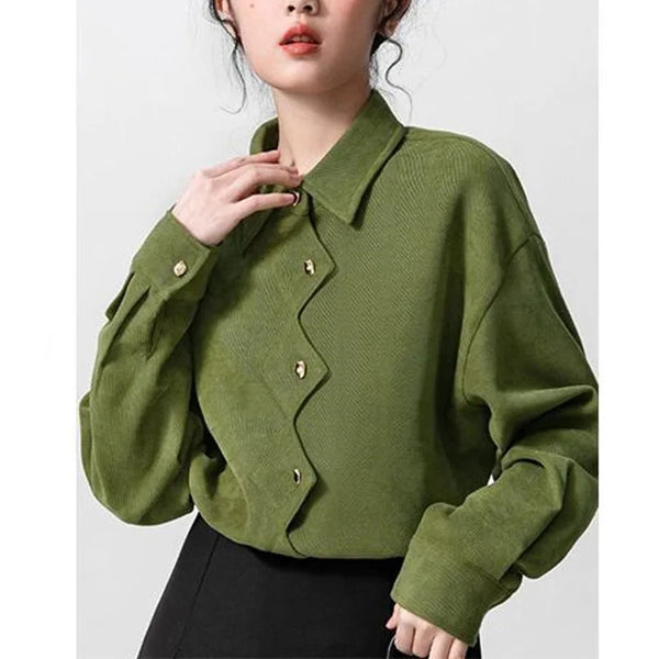 Green Irregular Shirt Women Vintage Collar Long Sleeve Button Top