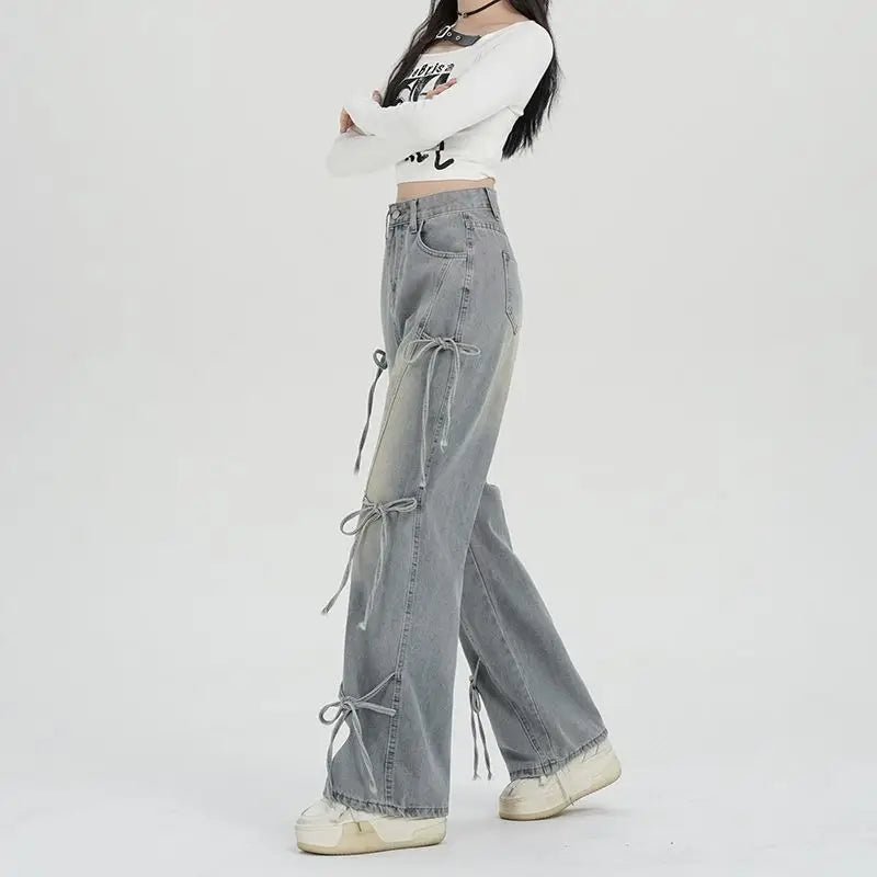 Women's Y2K Lace-Up High Waist Baggy Jeans