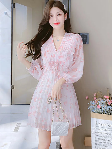 2024 Spring Pink Floral Chiffon Mini Dress Elegant Bodycon Party