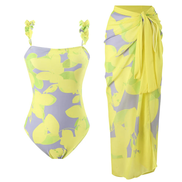 Yellow Ruffle One Piece Swimsuit with Skirt 2025