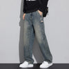 Mens Retro Washed Jeans Loose Straight Leg Fit Vintage Denim Pants