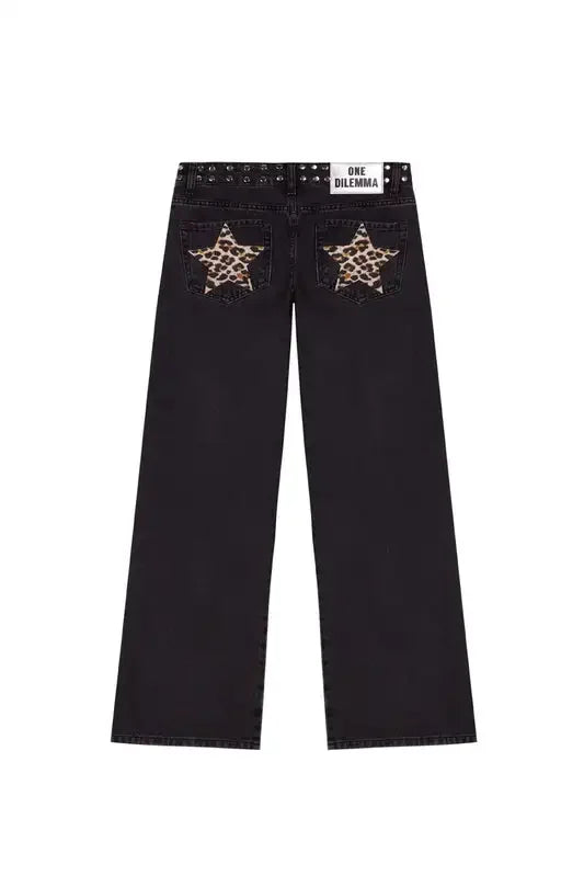 Y2K Black Baggy Jeans Women Star Sequin Rivet Washed Denim