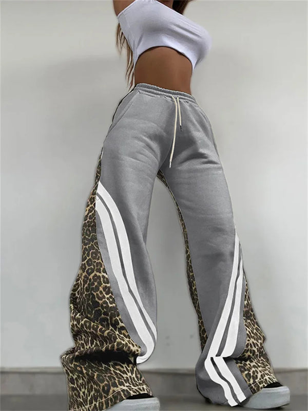 Women's Stripe Patchwork Flare Pants 2025 Leopard Print Trend