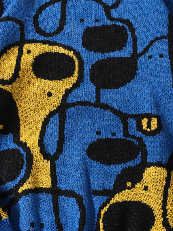 Mens Dog Print Sweater Crew Neck Double Sided Knit Pullover Casual