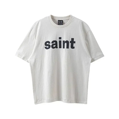 25SS Vintage Grey Saint T-Shirt Streetwear Character Logo Print Cotton