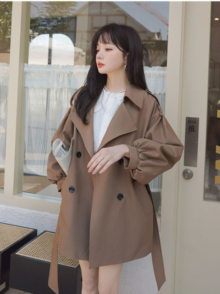 Korean Fashion Top Windbreaker Coat Female Solid Color Loose Lantern Sleeve Women Coat