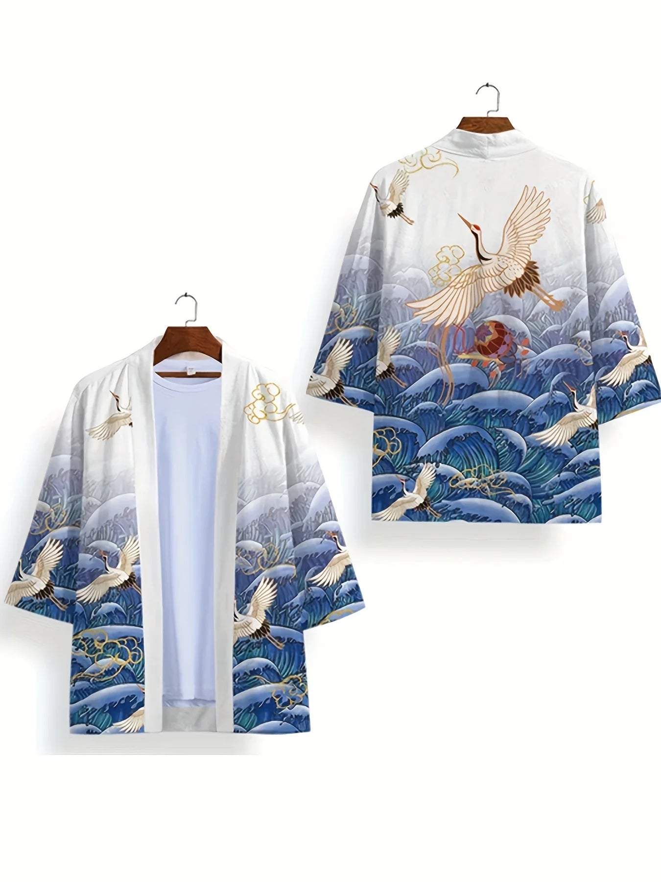 Animal Bird Patterns Crane Waves Asian Traditional Print Kimono Unisex