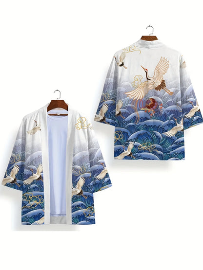 Animal Bird Patterns Crane Waves Asian Traditional Print Kimono Unisex