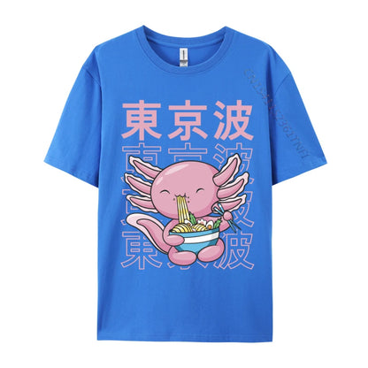 Kawaii Axolotl Eating Ramen Noodles T Shirt Autumn Hip hop