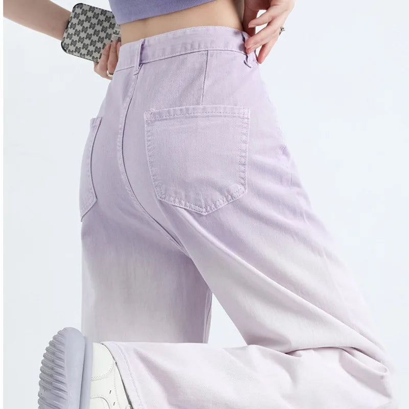 Women's Gradient Pink Purple Jeans High Waisted Slim Straight Denim