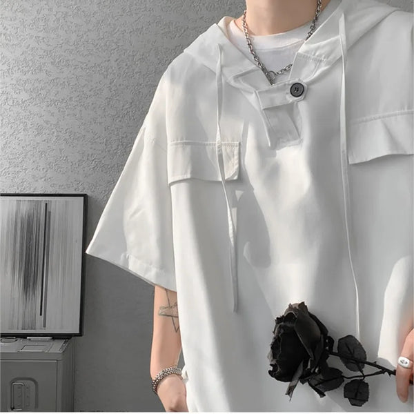 Hooded Tshirt Men Drawstring Short Sleeve Korean Streetwear