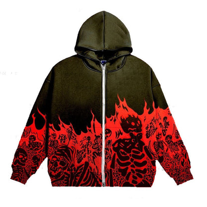 Retro Skeleton Zipper Hoodie Men's Street Wear Style with Y2K Print