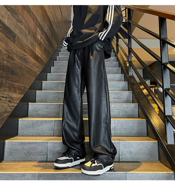 Men Windproof Leather Pants Baggy Wide Leg Trousers