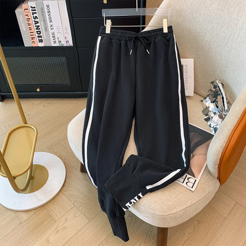 Women's Black Elastic-Waist Striped Drawstring Pants