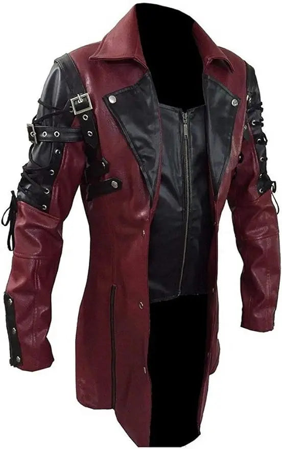 Steampunk Gothic Trench Leather Biker Jacket Men Punk Winter Coat